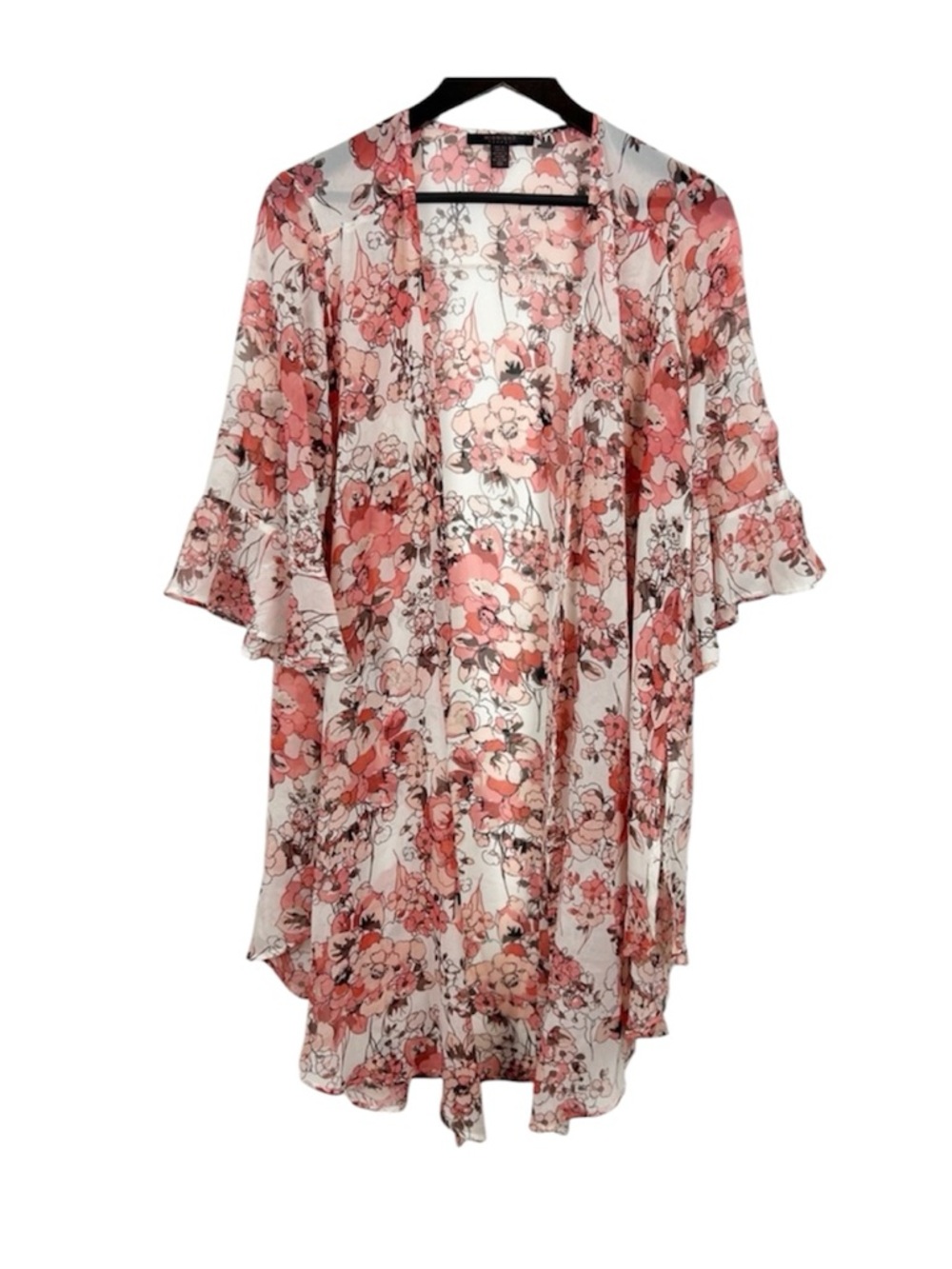 Midnight Bakery Sheer Floral Kimono Cover-Up in Coral and White Size XS/S